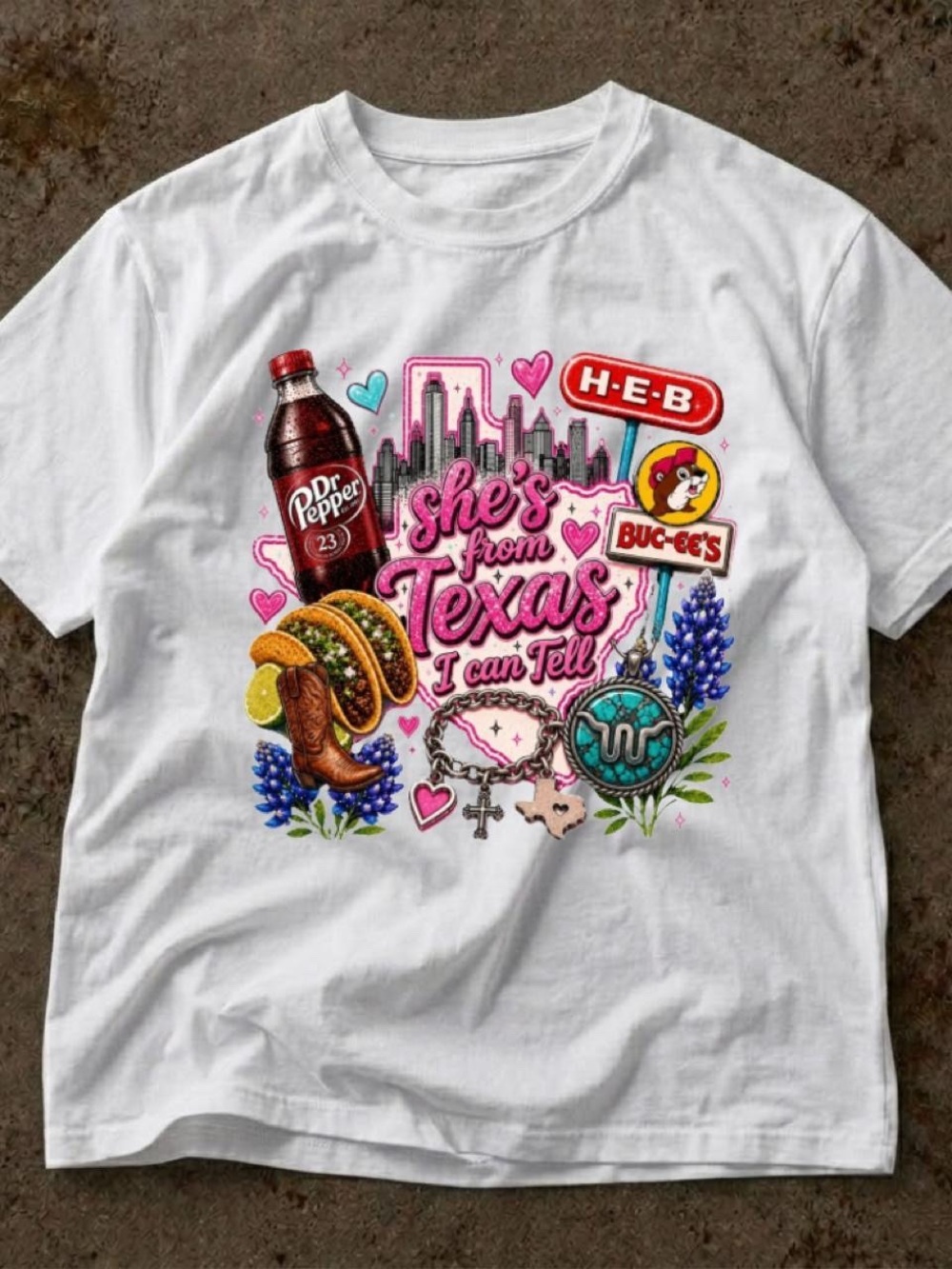 Gildan White Tee with Pink, Blue & Brown Texas Graphic